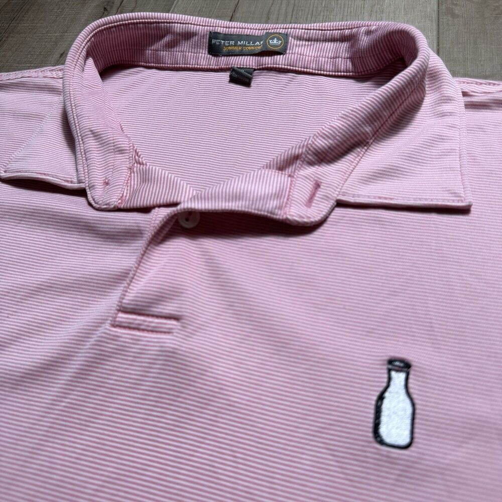 Peter Millar Mens Sz XL Pink White Striped Summer Comfort Milk Bottle Polo Shirt